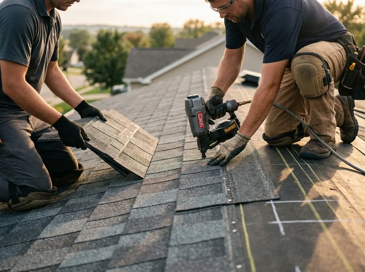 Professional roofer working on a residential roof in Van Wert
